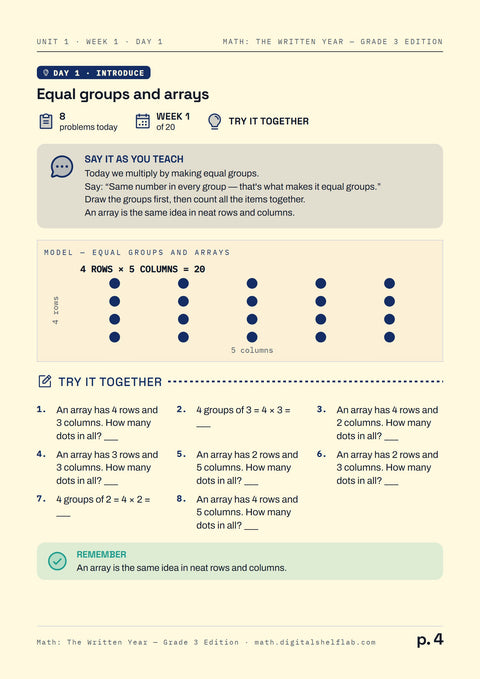 Day 1 lesson page with its Say-it box and practice